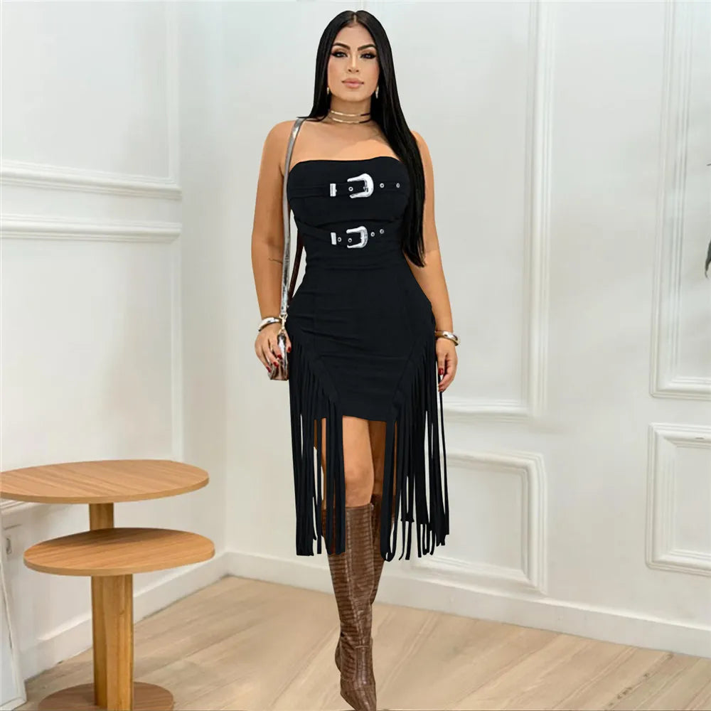 RLMABABY Sexy Strapless Tassel Bodycon Mini Dress Women Gown Slim Backless Sleeveless Metal Buckle Club Party Sheath Short Dress