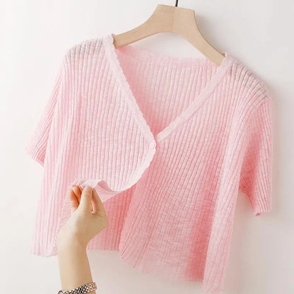 Ice Silk Knitted Cardigan Women's Summer Thin Short-sleeved Outer Wear Sun Protection Short Versatile Simple Commuter Top Pink
