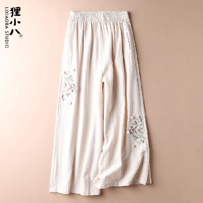 Summer Cotton Linen Cropped Pants Women Casual Thin Vintage Ethnic Bottom Embroidered Wide Leg Pants Woman Clothes Trousers ma beige