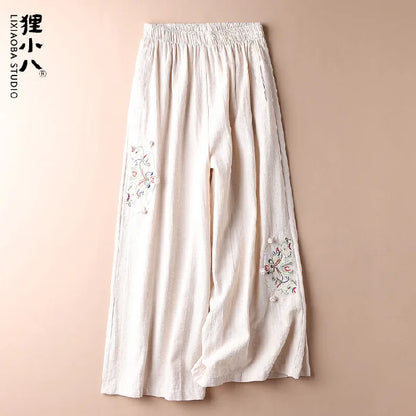 Summer Cotton Linen Cropped Pants Women Casual Thin Vintage Ethnic Bottom Embroidered Wide Leg Pants Woman Clothes Trousers ma beige