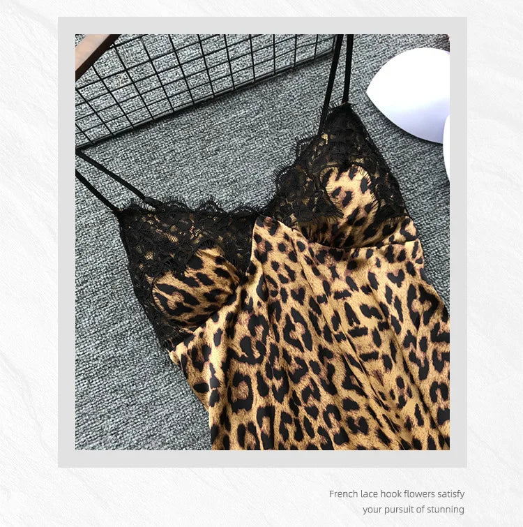 Sexy Leopard Print Sleepwear Women's Cami Top and Shorts Pajama Set Lace Trim Loungewear Trendy Animal Print Pjs New Hot Gift
