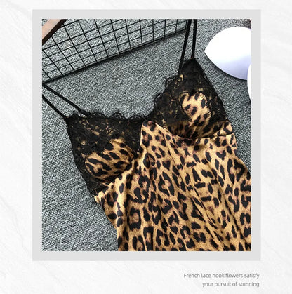 Sexy Leopard Print Sleepwear Women's Cami Top and Shorts Pajama Set Lace Trim Loungewear Trendy Animal Print Pjs New Hot Gift
