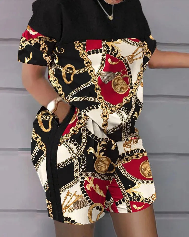 Women's T-shirt+Hot Pants Two Piece Set 2024 Summer Fashion Casual Printing Quick Drying Sports Fitness Top Shorts Female Suit