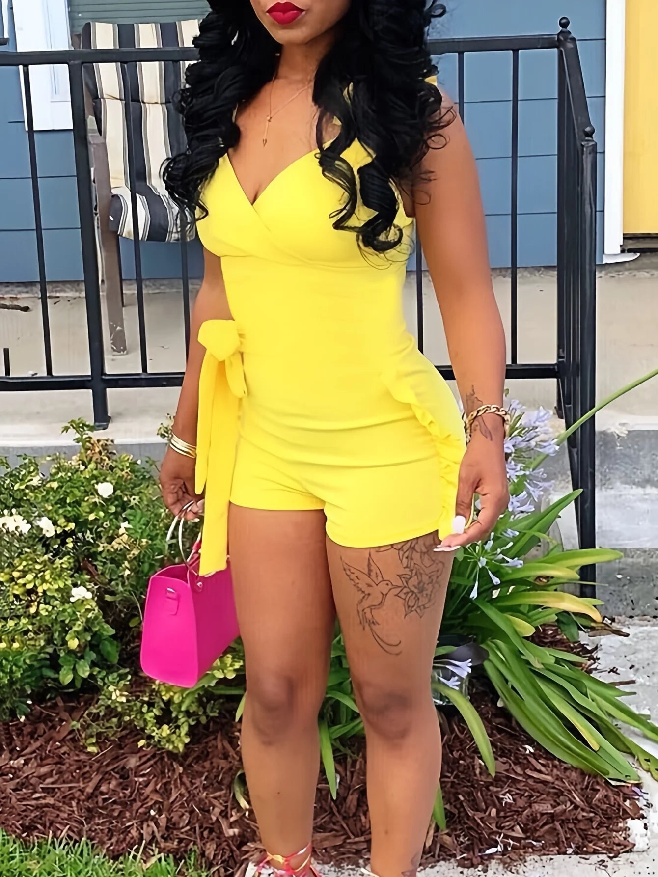 Ruffle Deep V Neck Summer Romper Sexy Bow Tie Short Jumpsuit Women Sleeveless Casual Playsuit Overalls Rompers