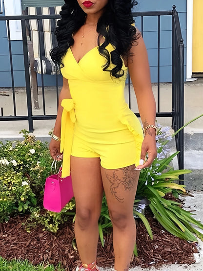 Ruffle Deep V Neck Summer Romper Sexy Bow Tie Short Jumpsuit Women Sleeveless Casual Playsuit Overalls Rompers