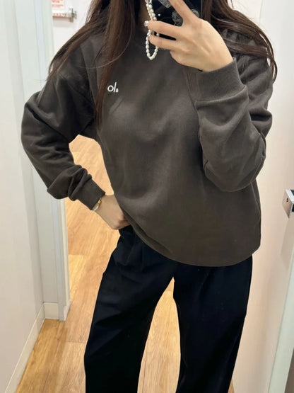 Fashion Trends Solid Long Sleeves Top Spring Black Red Round Neck Sweatshirts Simple Classic Letter Loose Casual Sports Top