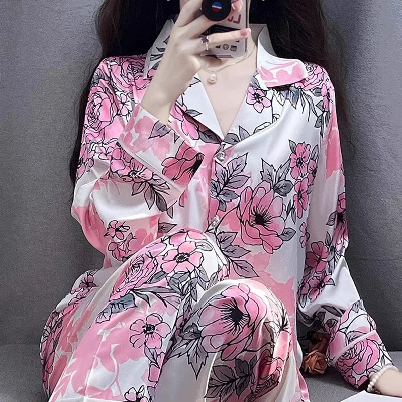 Korean Style Women's Two-piece Pajamas Sets Fashion Flower Print Faux Silk Satin Sleepwear Female Long Sleeve Pants Housewear