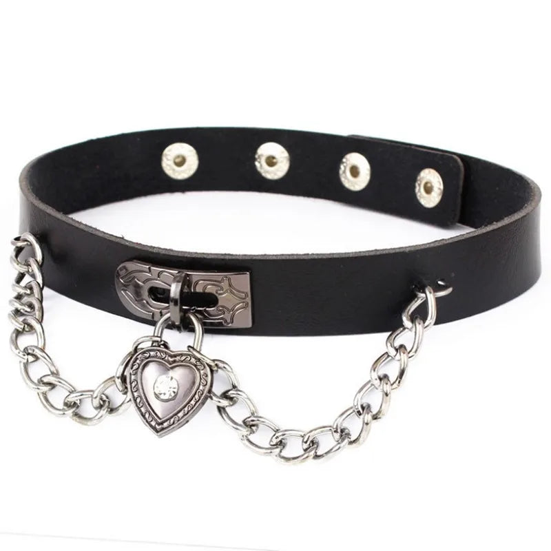 Harajuku Punk Rock Gothic Choker Necklace Women Sexy PU Leather Heart Lock Key Spike Collar Chocker Gothic Cosplay Accessories Badiee Stylez