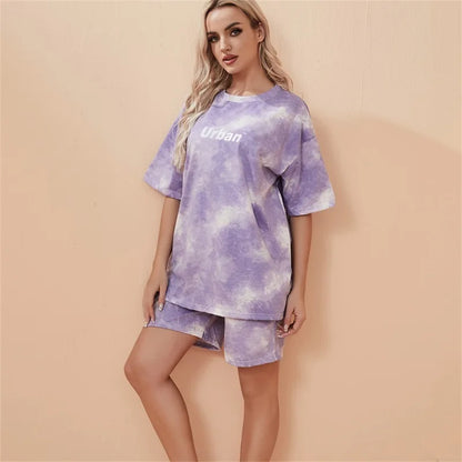 2Piece Suit Women T-Shirt Shorts Set Tie Dye Loose tshirt and wide leg middle shorts with pockets female Casual Soft Summer Sets