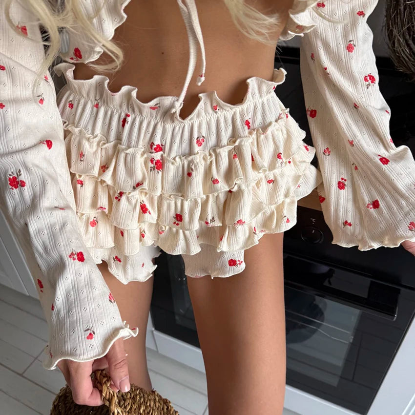 Hiloc Home Ruffles Cute Print Shorts Suits Pajamas For Women Summer Flare Sleeve Wrap Blouse With Elastic Waist Shorts 2 Piece