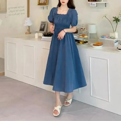 Summer Women Dress Pleated Shirring Square Neck Short Sleeve Bubble Sleeve Ladies Dress Solid Color Loose Hem Midi Dress