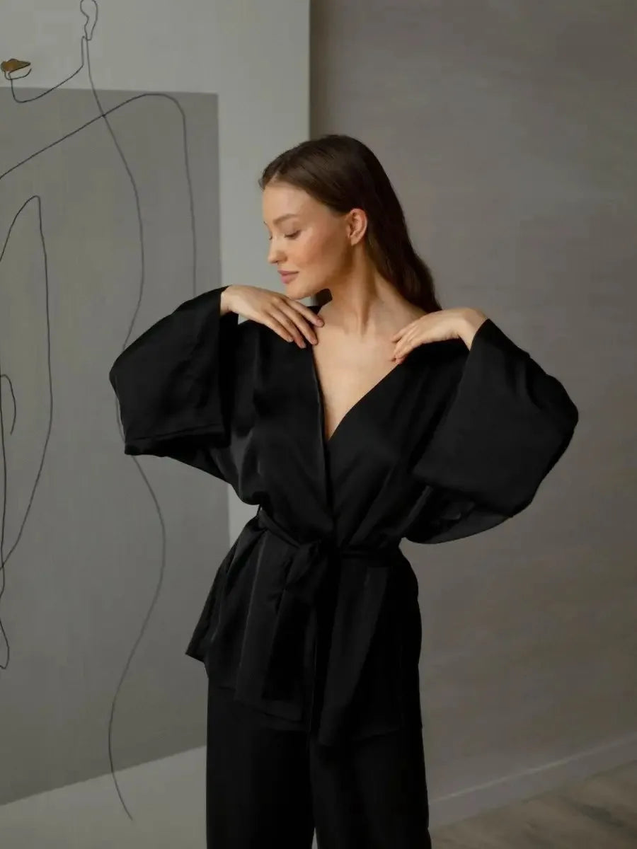 Mozuleva Solid Color Long Sleeved Pants Pajama 2-Piece Set Women's Autumn Winter Lace Up Nightgown Comfortable Home Clothing