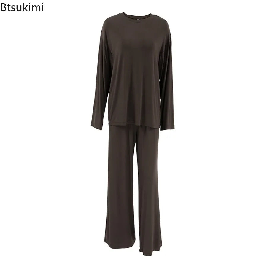 New 2025 Brown Loose Female Sleepwear Suit O-Neck Nightgowns Long Sleeve Nightwear Wide Leg Pants Women's Pajamas 2 Piece Set