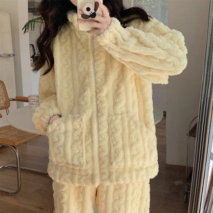 Large Size Flannel Pajamas Set Autumn Winter Female Sleepwear Trouser Suit Thicken Coral Fleece High Collar Lounge Wear Homewear Yellow Pajamas Set