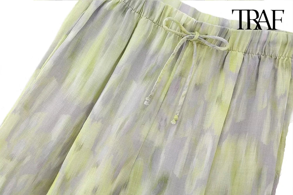 TRAF Women's single-breasted V-neck long-sleeved shirt Drawstring high-waisted wide-legged trousers Retro Printed Cotton Set