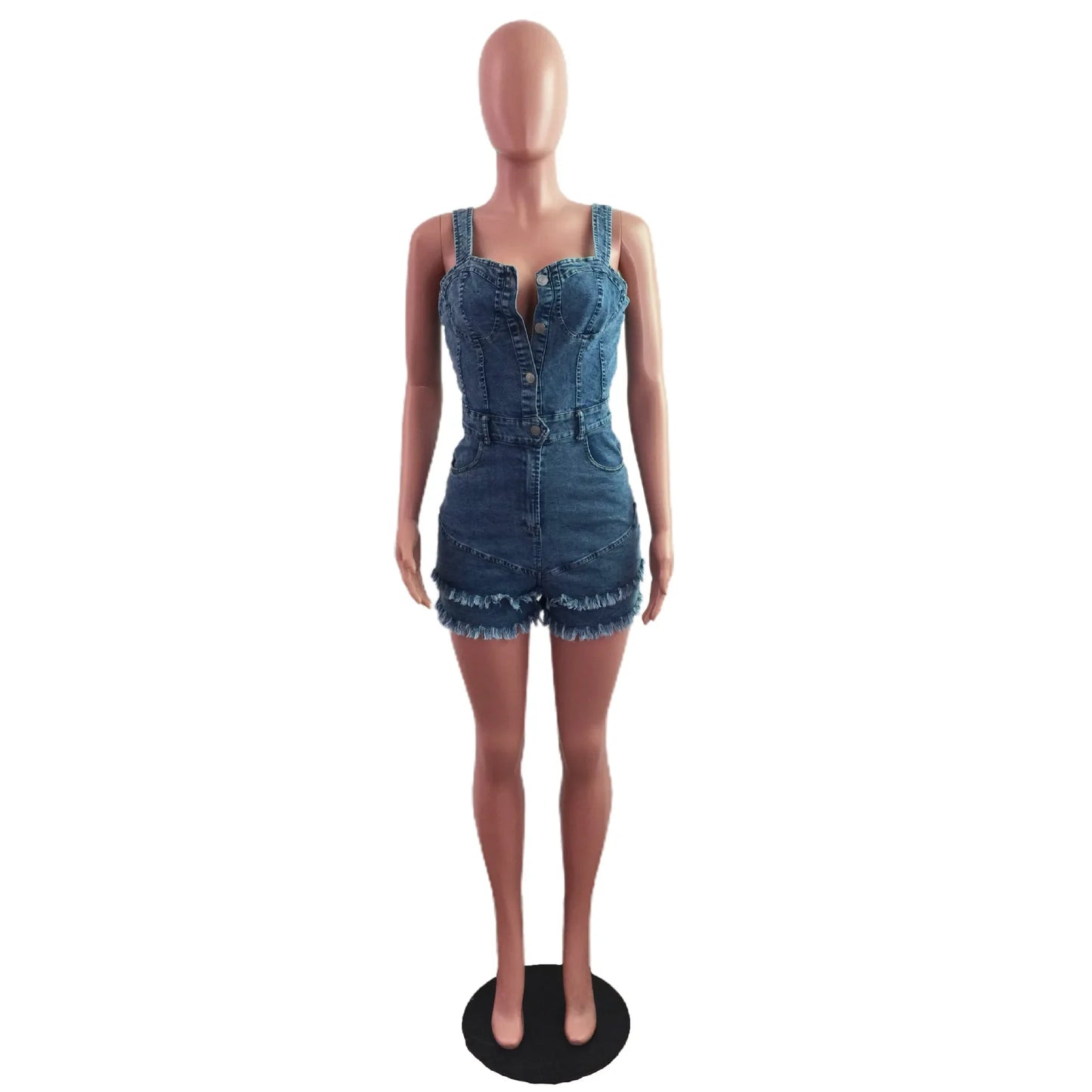 Women Denim Rompers Shorts Jeans Overalls High Waist Spliced Washed Jean Tassel Pockets One Piece Casual Skinny Solid 2025