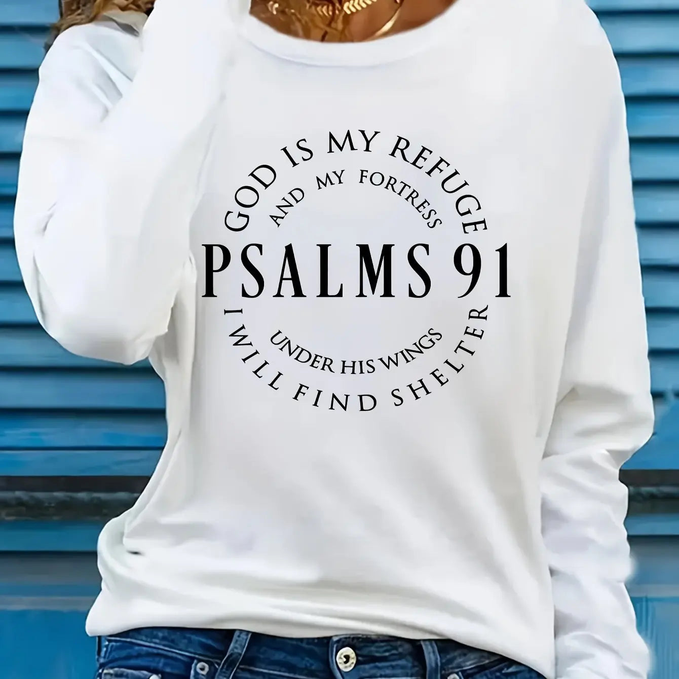 Spring and Autumn Women's 100% Cotton Fashion Casual Loose Inspirational Palms 91 Verseprint Round Neck Long Sleeve T-shirt