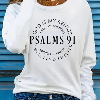 Spring and Autumn Women's 100% Cotton Fashion Casual Loose Inspirational Palms 91 Verseprint Round Neck Long Sleeve T-shirt