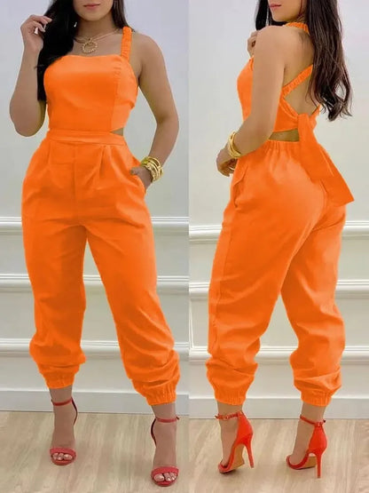 New Summer Fashion Printed Sleeveless Jumpsuit Sexy Hollow Backless Lace Up Long Jumpsuits Elegant Casual Jumpsuit With Pocket Badiee Stylez