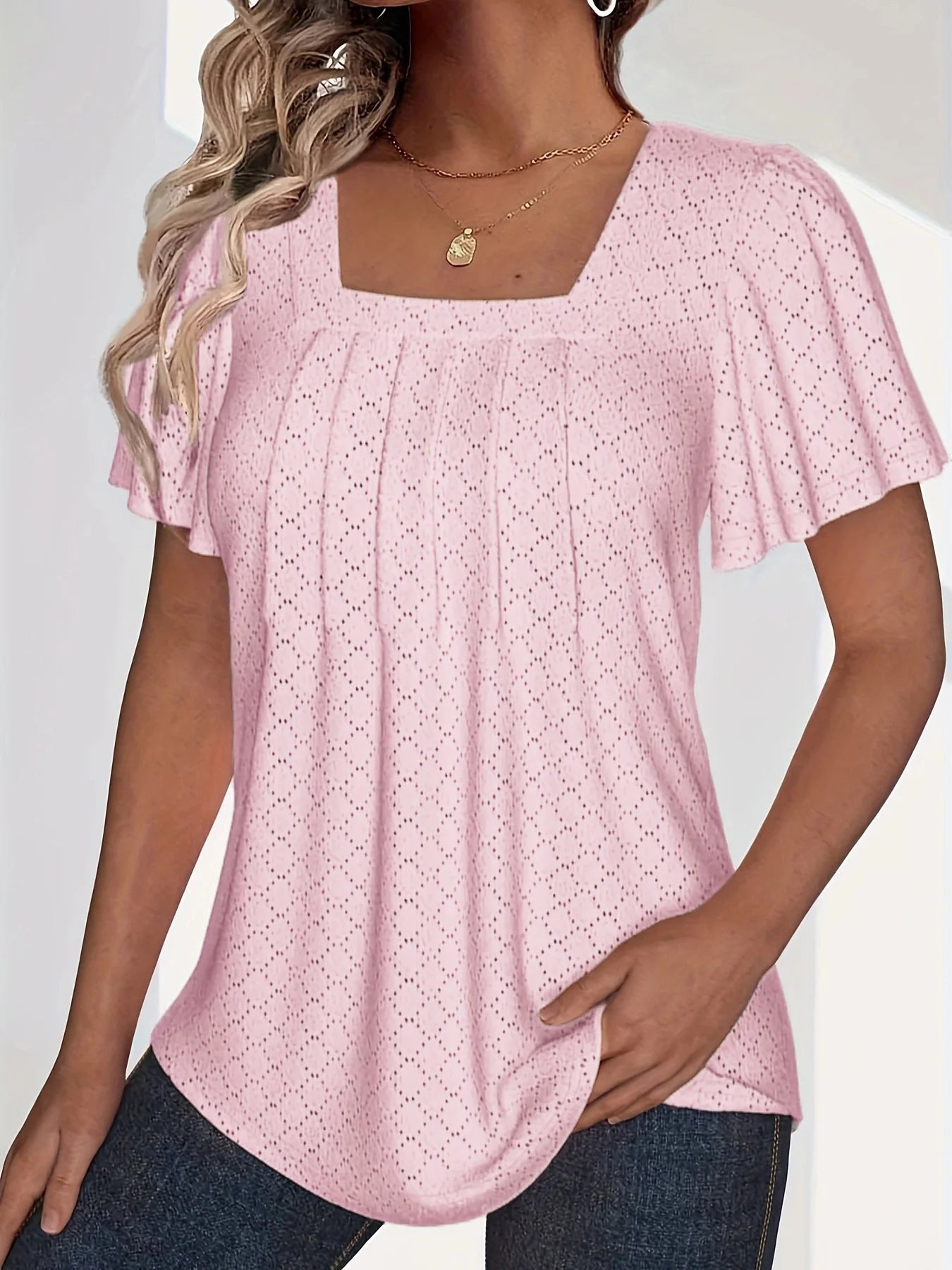 Plus size spring and summer fashionable and elegant hollow tops for women office wear loose ruffle sleeves versatile tops for Light pink