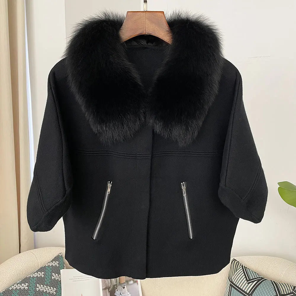 FURYOURSELF 2025 New Real Fox Raccoon Fur Collar Coat Knitted Sweater Women Short Sleeve Jacket Thick Warm Outerwear streetwear
