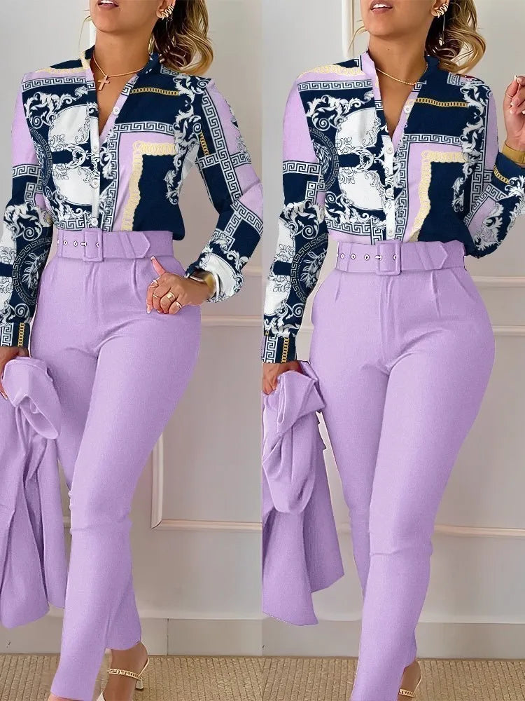 Elegant Women Printed Two Piece Suit Sets Spring Autumn V Neck Long Sleeve Shirt Top & Long Pants Set With Belt Workwear Outfits Light Purple CHINA