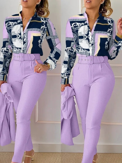 Elegant Women Printed Two Piece Suit Sets Spring Autumn V Neck Long Sleeve Shirt Top & Long Pants Set With Belt Workwear Outfits Light Purple CHINA