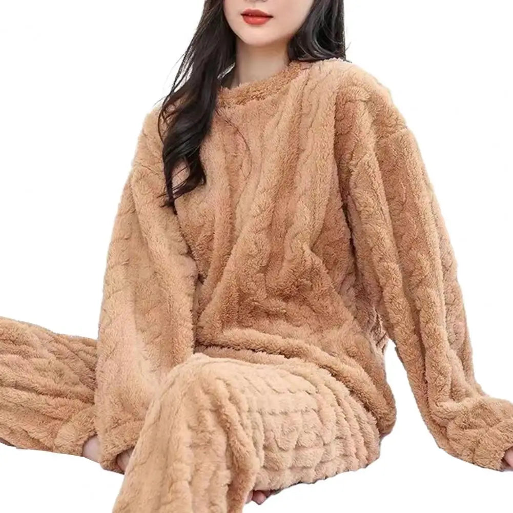 Women Warm 2 Piece Sets Thicken Soft Velvet Ribbed Fleece Set Pullover And Pants Casual Pajama Sets Women Autumn Winter 2023 Coffee