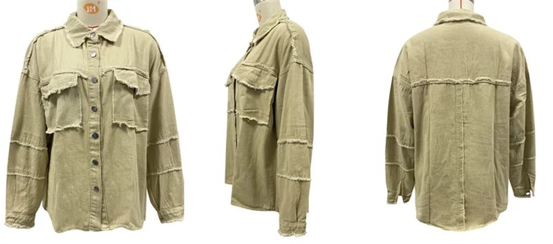 2025 Spring Autumn Shirt Style Denim Jacket Women Holes Raw-edges Jeancoat Casual Tops Female Oversize Loose Outerwear 7 Colors