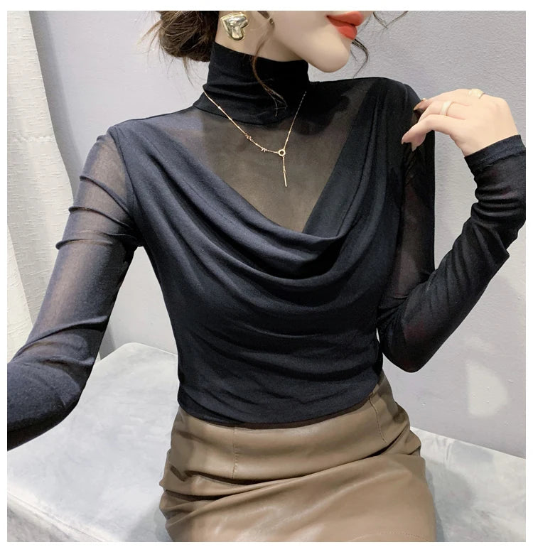 Sexy Mesh Basic T-shirts Women 2025 Fashion Turtleneck Casual Long Sleeve Y2k Tops Korean Clothes Woman Black Winter T Shirt 4XL
