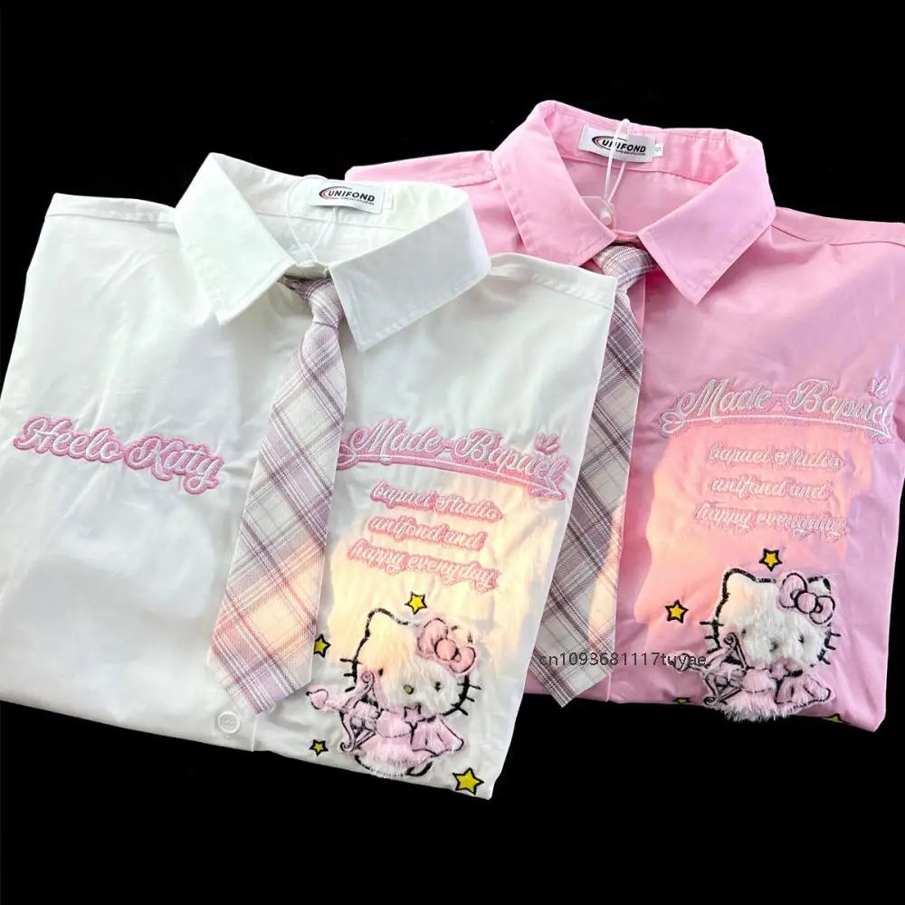Hello Kitty Cute Short Sleeve Polo Shirts Women Sanrio Designer College Style Summer Blouse Korean Clothes Y2k New Fashion Tops
