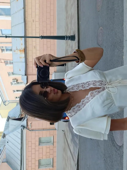 Lace Patchwork Short Sleeve Tops for Women V Neck Sheath Solid Tees Fashion Female Sexy Club T-shirts Elegant Casual