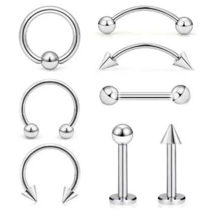 8Pcs Stainless Steel Eyebrow Rings, Lip Ring Nose Hoop Tongue Ring Septum Nose Piercing Jewelry Cartilage Tragus Earrings B2-8Pcs-Silvery