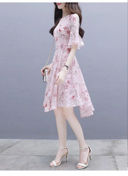 Ele Summer Women's Midi Dr ang Hai Sle Sweet Princ round Ne ort Sve A-Line Skirt Printed Chiffon Dr