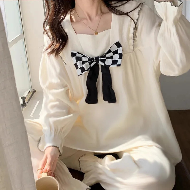 Spring and Autumn New Women's Pajamas Homewear Suit Female Court Style Doll Collar Japanese Girl Plaid Autumn and Winter Homewea 6006