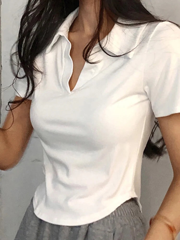 Summer Short Sleeve Lapel Top Women'S Solid V-Neck Pullovers Retro Sweet Shirts Hot Girl Crop Top Female Slim Versatile Tee WHITE