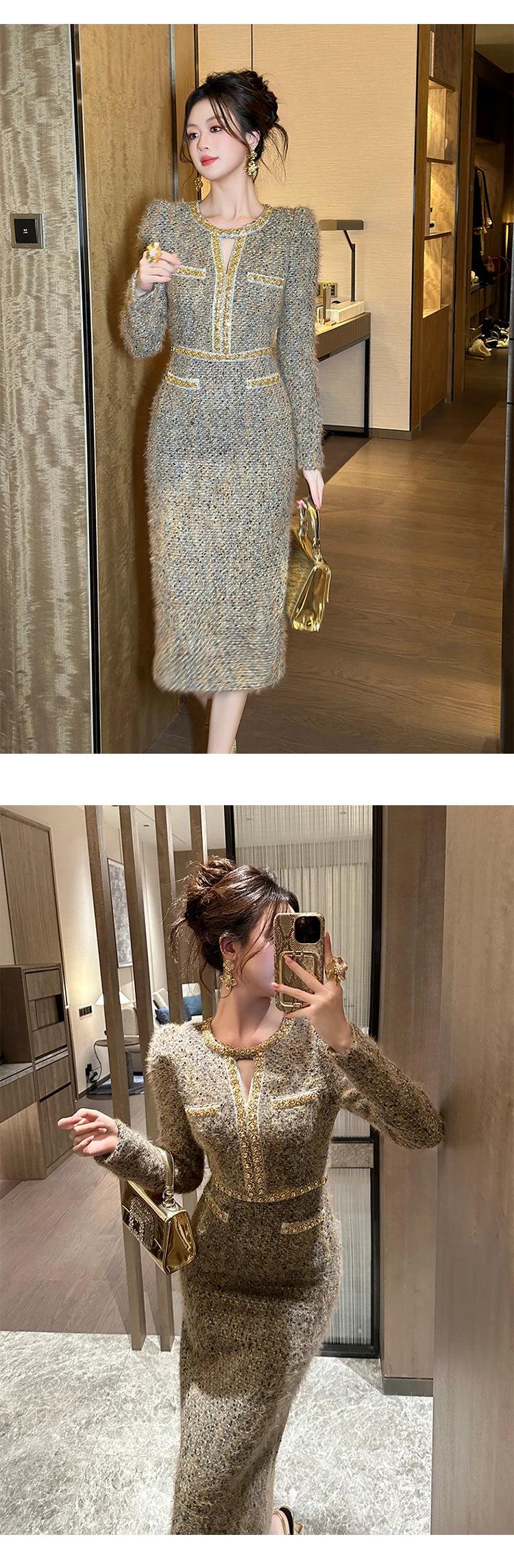 Women Clothes Vintage Tweed Hollow Sexy O-Neck Slim Midi Pencil Dress Elegant Fashion Evening Party Vestidos Formal Occasion New