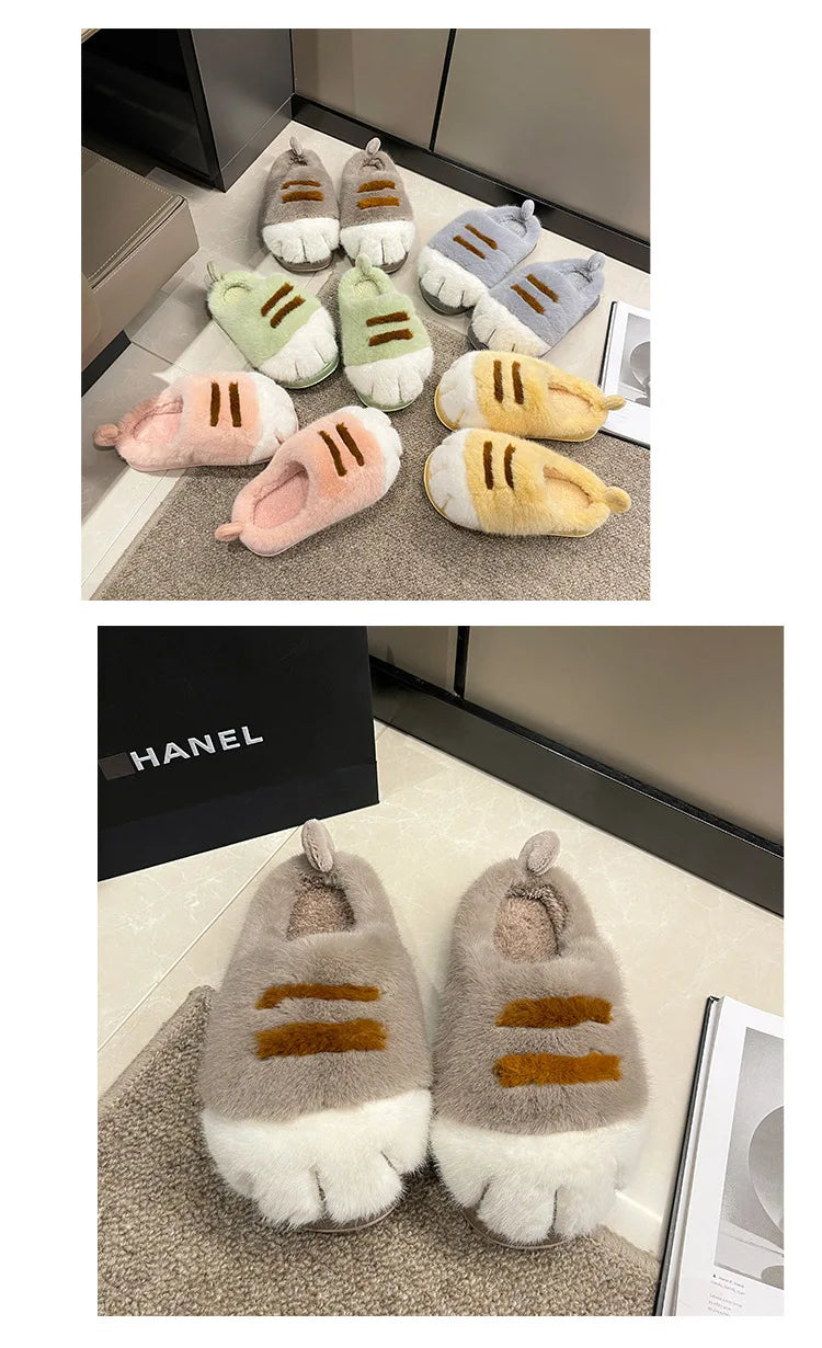 New Adorable Kitty Claw Slippers Women's Home Shoes Non Slip Furry Mules Female Fashion Warm Fluffy Slides Outdoor Cat Slippers Badiee Stylez