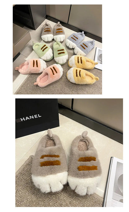 New Adorable Kitty Claw Slippers Women's Home Shoes Non Slip Furry Mules Female Fashion Warm Fluffy Slides Outdoor Cat Slippers Badiee Stylez