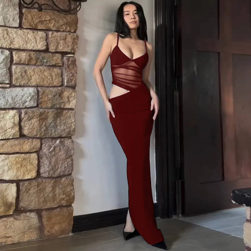 Mesh Thin Shoulder Strap Women's Plus Size Dress Sexy High Street Low Collar Patch Long Robe Women's Party Vest