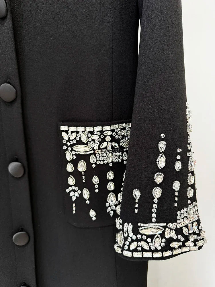 HIGH STREET Newest 2025 Designer Fashion Women's Long Sleeve Notched Collar Rhinestone Diamonds Beading Maxi Long Dress Badiee Stylez