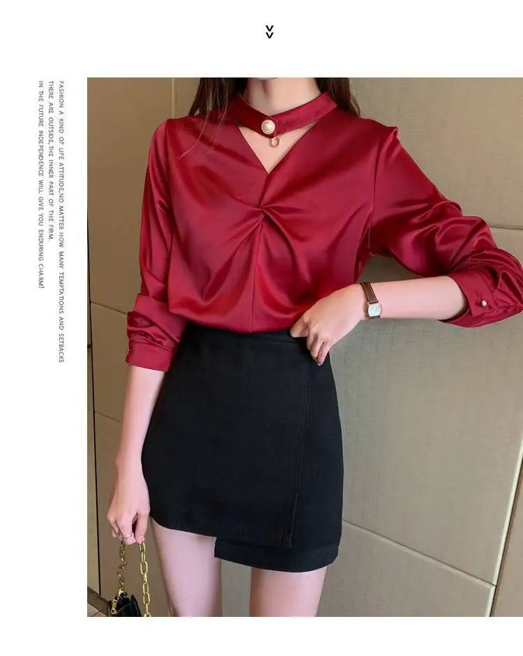 Satin Beading Halter V-Neck Woman Blouses 2022 Spring New Elegant Fashion Office Lady Long Sleeve Loose Commuter Shirts Female