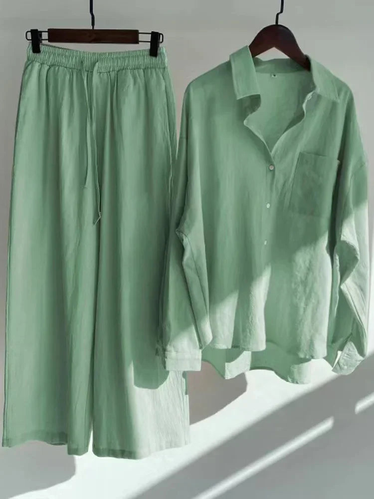 Pants Set Women Shirts Wide Leg Elastic Waist Cotton Linen Casual Sets Elegant Loose Long Sleeve Lapel Spring Shirt Y2k Suit Light Green Set