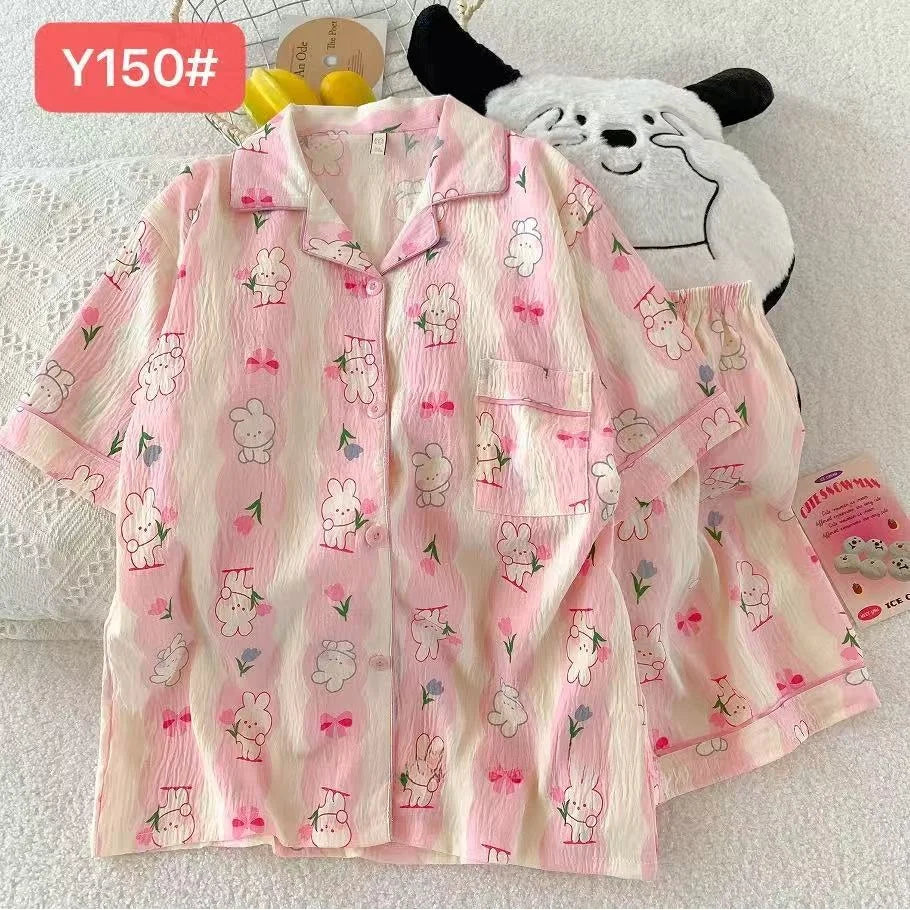 Cute Pink Cloud Cotton Spwear Bear Print Home Clothes Long Sve ort Sve Women's Comfortable Home Suit Summer Thin