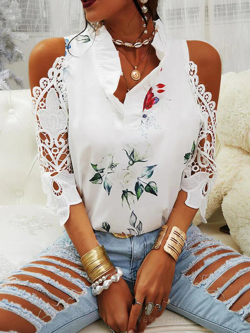 Summer Female Strapless Tops Casual Sexy Hollow Flower Printed Women Blouse Elegant V-Neck Short Sleeve Lace Shirt Blusas 19361