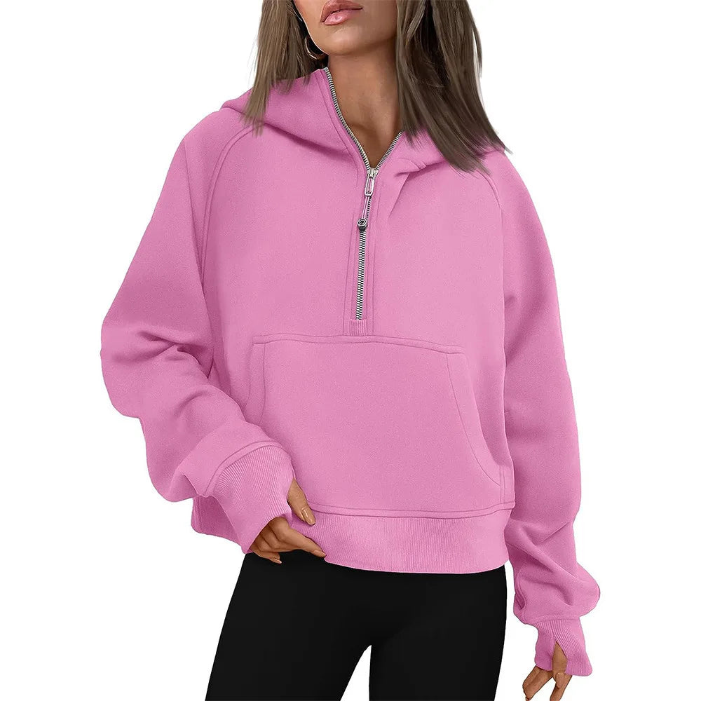 Half Zip Sweatshirts Cropped Hoodies Fleece Womens Quarter Zip Up Pullover Sweaters Fall Outfits 2024 Winter Clothes Pink
