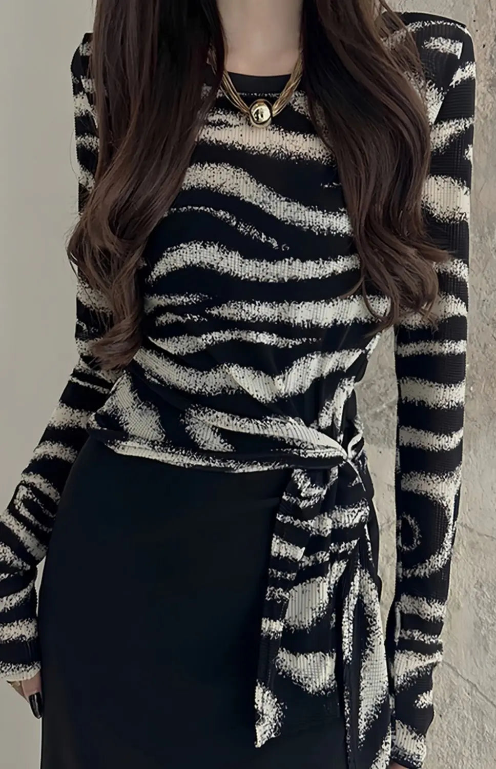 Long Sleeve T Shirt Womens Spring Autumn New Style Irregular Stripe Tie Detail Fitted Crop Top