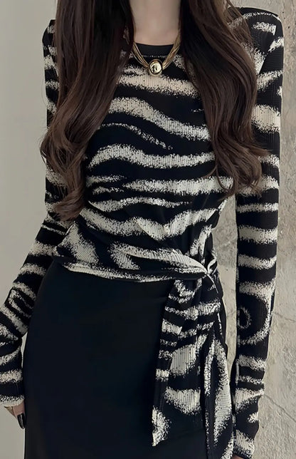 Long Sleeve T Shirt Womens Spring Autumn New Style Irregular Stripe Tie Detail Fitted Crop Top