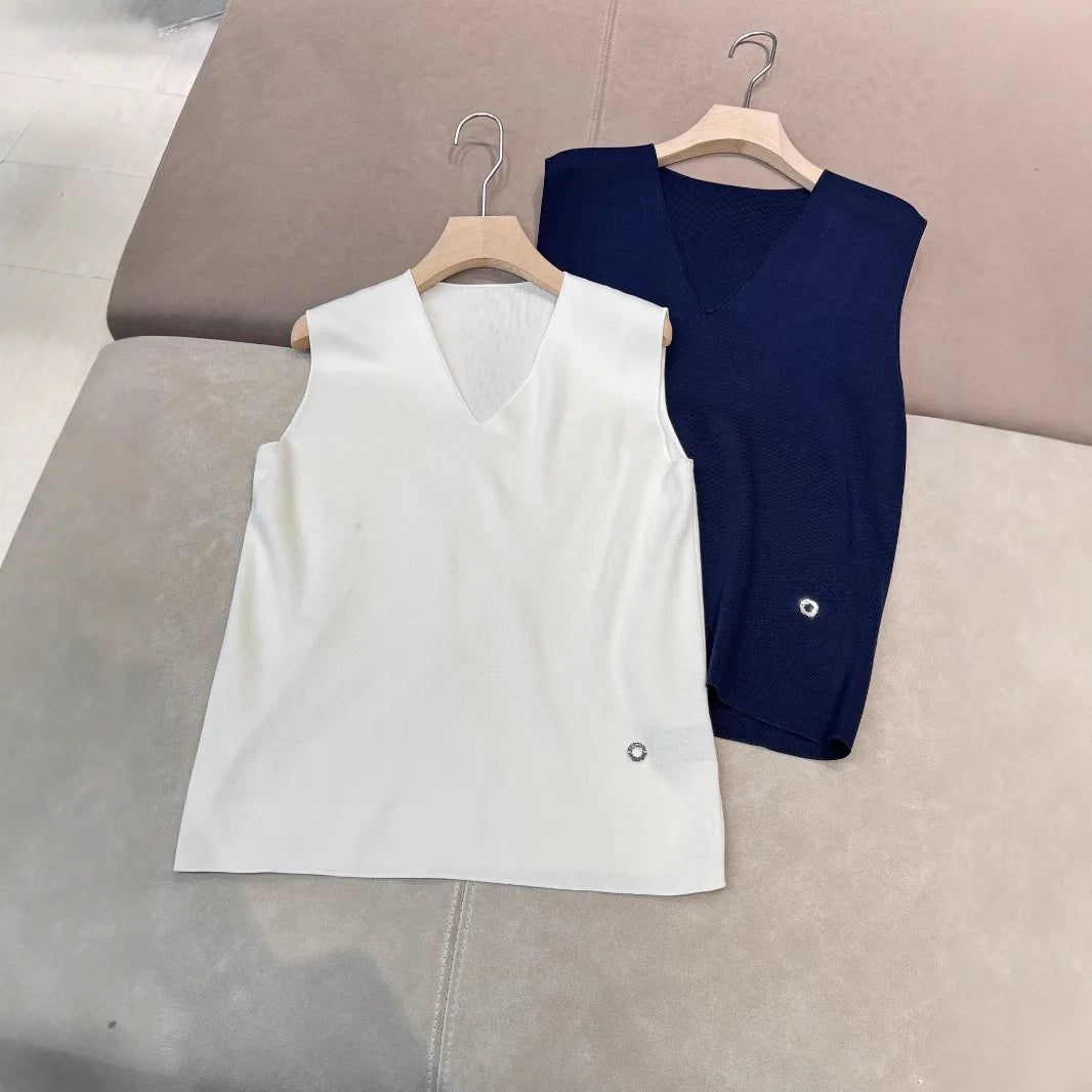 2025 Spring/Summer New Silk Cotton Blended V-neck Fashion Vest Top Casual All-match Straight Wide-leg Pants suit Badiee Stylez