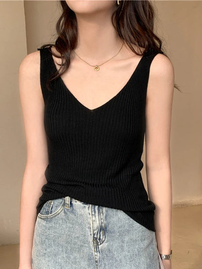 Solid Color Basic Women's Vest Tank Top Solid Color Knitted Tees Top Cropped Top Camisole Sweater V-neck Summer Sleeveless black One Size
